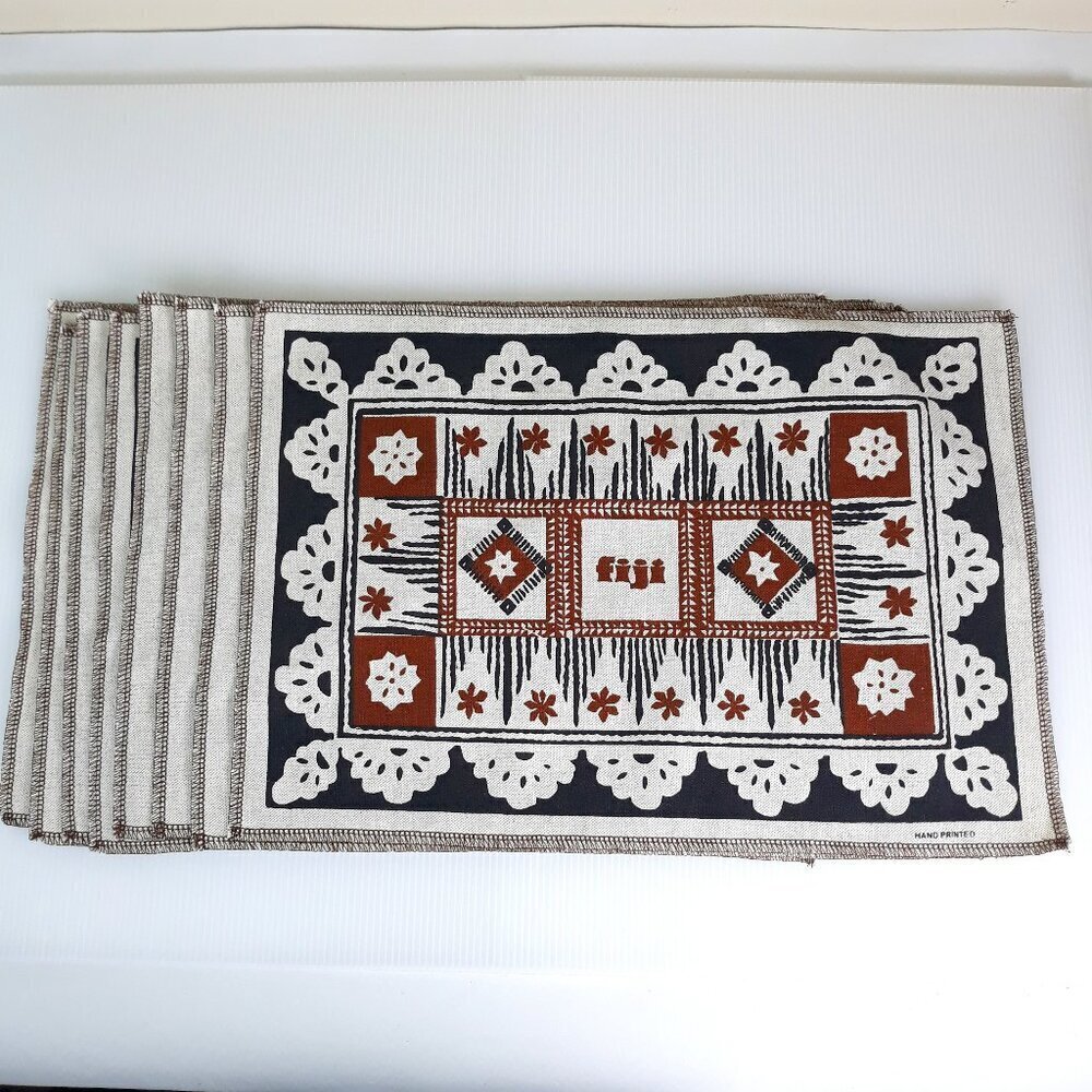 8-Hand Printed Linen Made in Fiji French Polynesian Placemats Tiki Ethnic